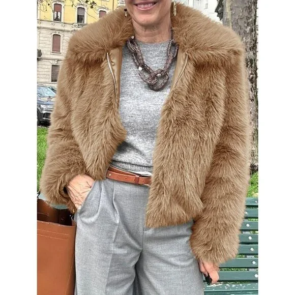 Women's Faux Fur Coat Winter Shaggy Casual Oversized Lapel Jackets Warm Khaki - Picture 4 of 6